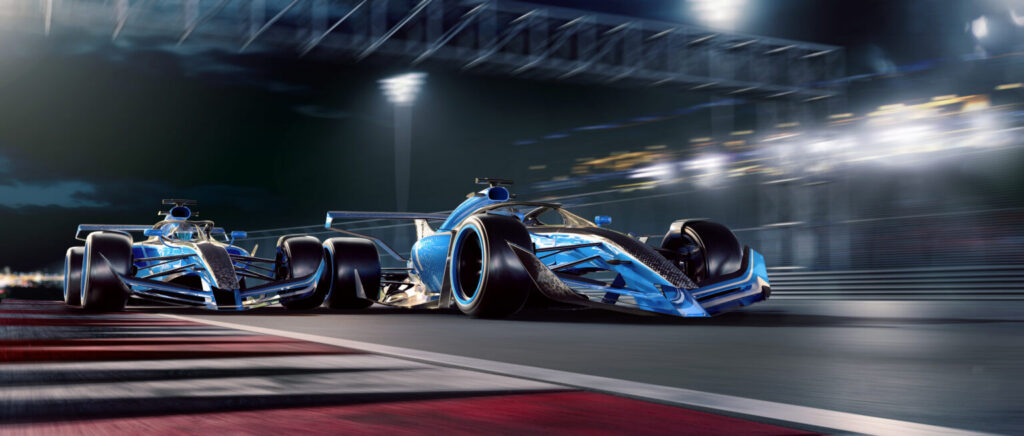Two F1 Racing Cars Moving At High Speed During Night Race